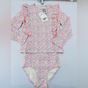 H&M Adorables patterned swim long-sleeved top ruffles matching briefs. 4-6Y